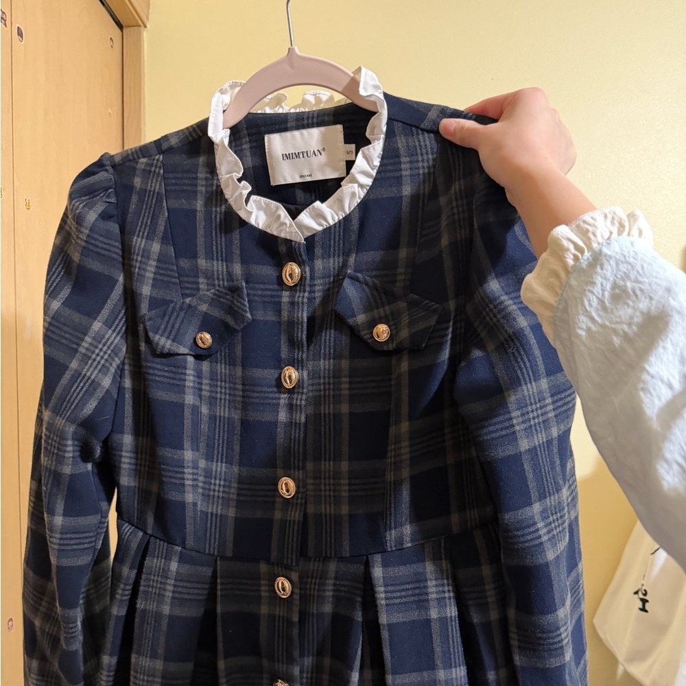 Plaid Button-Front Dress with Ruffle Collar